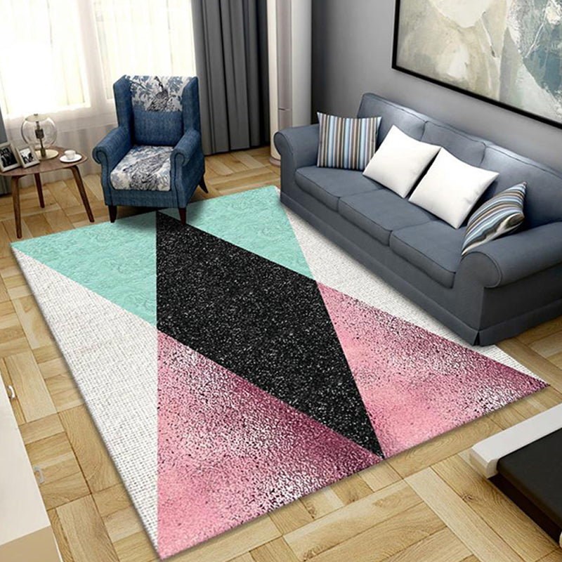 Modernist Geometric Pattern Rug with Stripe Multicolor Polyester Rug Non-Slip Backing Washable Pet Friendly Carpet for Bedroom