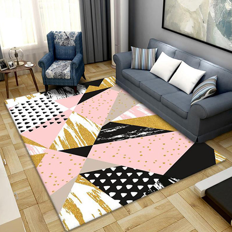 Modernist Geometric Pattern Rug with Stripe Multicolor Polyester Rug Non-Slip Backing Washable Pet Friendly Carpet for Bedroom
