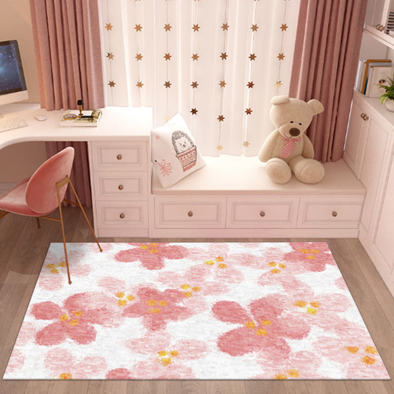 Pink Multicolor Floral Pattern Rug Polyester Contemporary Rug Washable Anti-Slip Pet Friendly Area Rug for Living Room