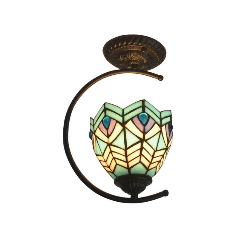 Vitrail Paon Semi Plafonnier Une Lumière Tiffany Plafonnier Créatif en Bleu pour Café