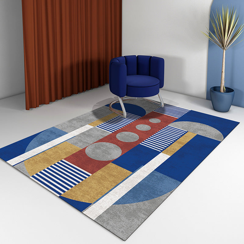 Contemporary Geometric Pattern Rug with Stripe Multicolor Polyester Rug Non-Slip Backing Washable Pet Friendly Carpet for Bedroom
