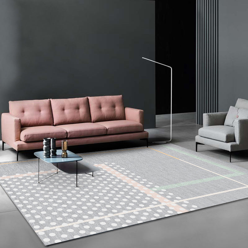 Contemporary Geometric Pattern Rug with Stripe Grey Polyester Rug Non-Slip Backing Washable Pet Friendly Carpet for Bedroom