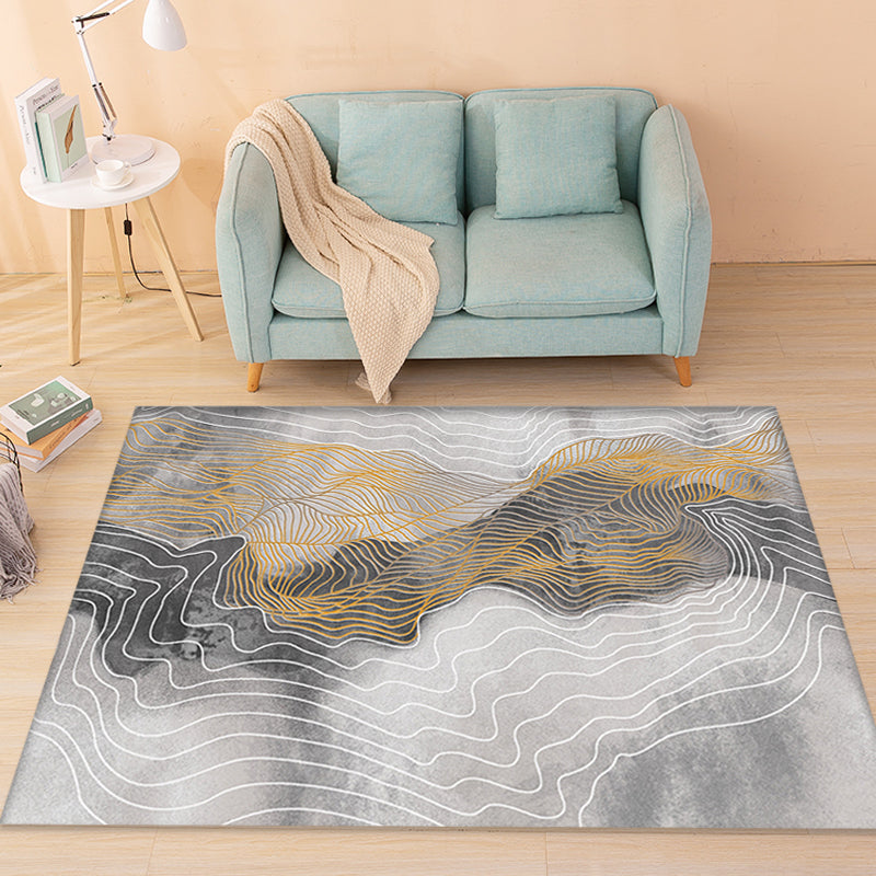 Grey Swirl Stripe Pattern Rug Polyester Modern Rug Washable Anti-Slip Pet Friendly Area Rug for Living Room