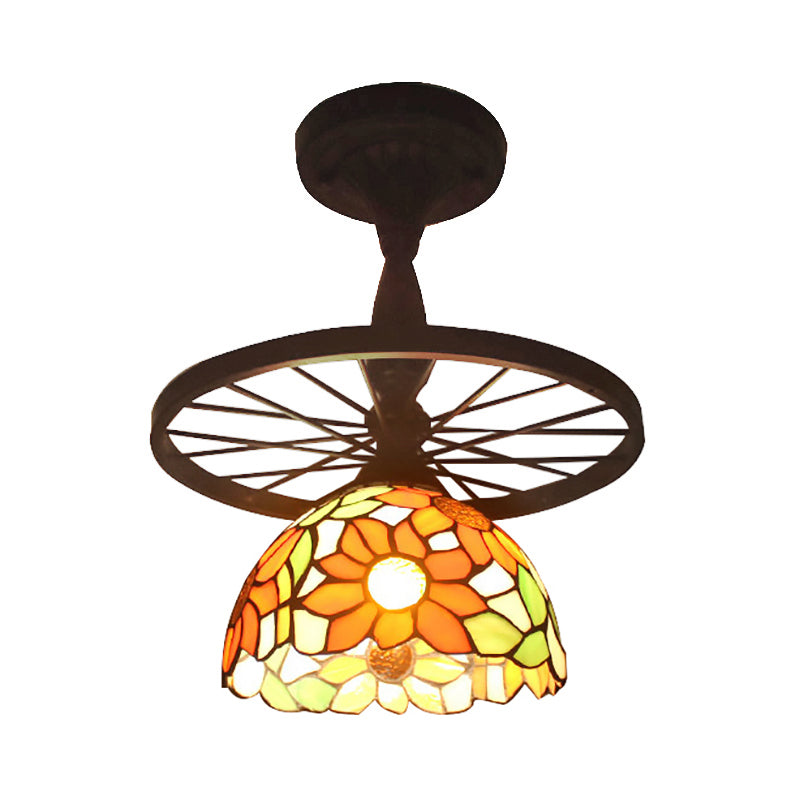 Tiffany Domed Semi Flush Mount Light with Wheel 1 Bulb Stained Glass Ceiling Light in Orange/Beige for Bedroom