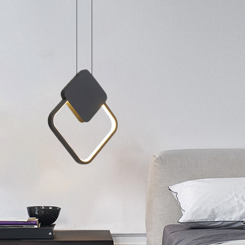 Metal Round/Rhombus Ceiling Pendant Modernist LED Black Hanging Lamp Kit in Warm/White Light for Bedroom