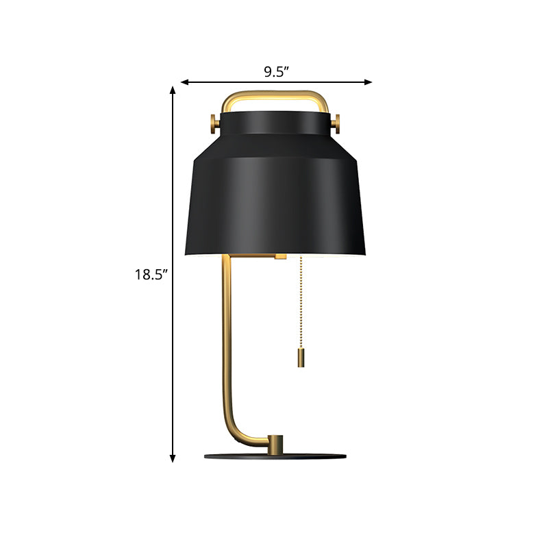Tapered Drum Table Lamp Contemporary Metal 1 Bulb Bedroom Night Lighting in Black with Pull Chain