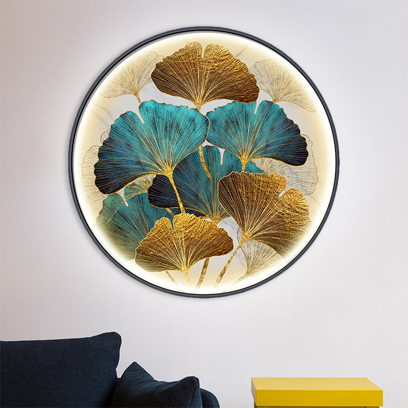 Circular Ginkgo Deja la iluminación de la pared ASIA ASIA LED MALE TAZOOM MULAL Mural en verde/amarillo-verde