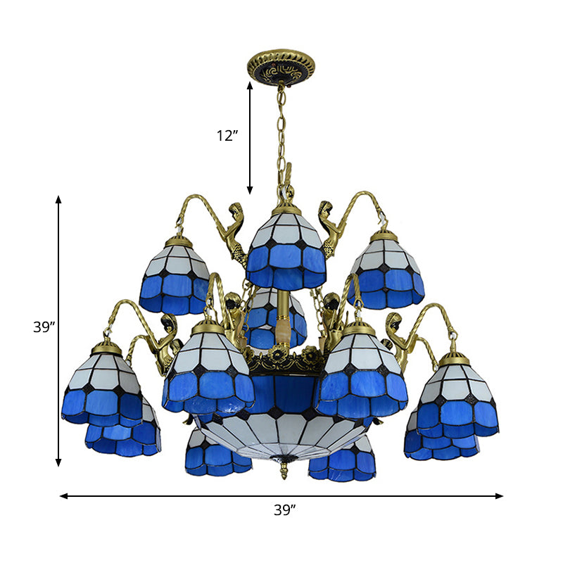 15 Lichter Wohnzimmer Deckenlampe Tiffany Stil blau Kronleuchter Licht mit kuppel geschnittener Glasschatten