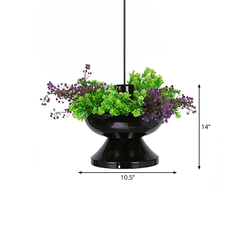 Metal Hot Pot Drop Pendant Farmhouse 1 Head Dining Room LED Hanging Ceiling Light in Black with Artificial Plant Deco