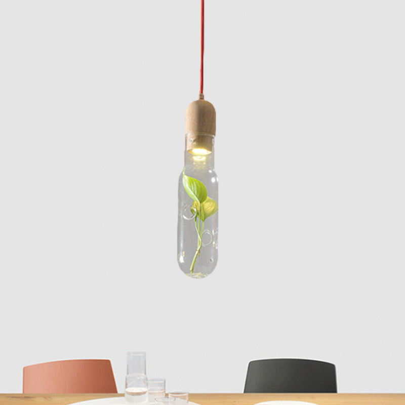 1-Head Ceiling Pendant Factory Bottle Clear Glass LED Pendulum Light with Inner Plant Deco
