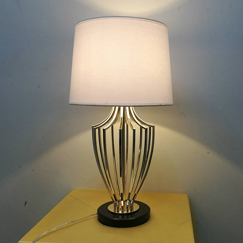 Minimal Barrel Night Table Lamp Fabric 11"/14" W 1 Head Bedroom Desk Lighting in Black/White with Urn Cage Base