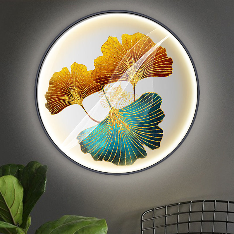 Aziatische ronde wand muurschildering Mount Lamp Fabric Led Corridor Wand SCONCE Licht met Ginkgo Leaf Patroon in geel/geelgroen