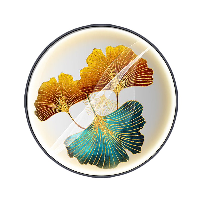 Aziatische ronde wand muurschildering Mount Lamp Fabric Led Corridor Wand SCONCE Licht met Ginkgo Leaf Patroon in geel/geelgroen