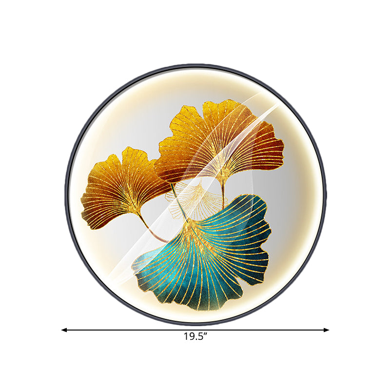 Aziatische ronde wand muurschildering Mount Lamp Fabric Led Corridor Wand SCONCE Licht met Ginkgo Leaf Patroon in geel/geelgroen