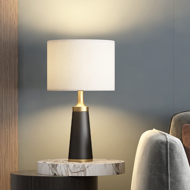 Fabric Cylindrical Night Light Modernity 1 Bulb Table Lighting in White with Metal Tapered Base