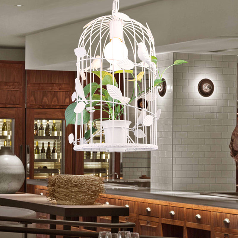 Iron White Suspension Light Birdcage 1 Bulb Warehouse Ceiling Pendant with Inner Plant Deco