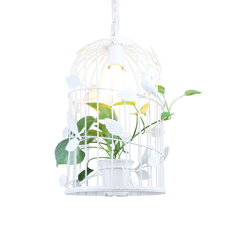 Iron White Suspension Light Birdcage 1 Bulb Warehouse Ceiling Pendant with Inner Plant Deco