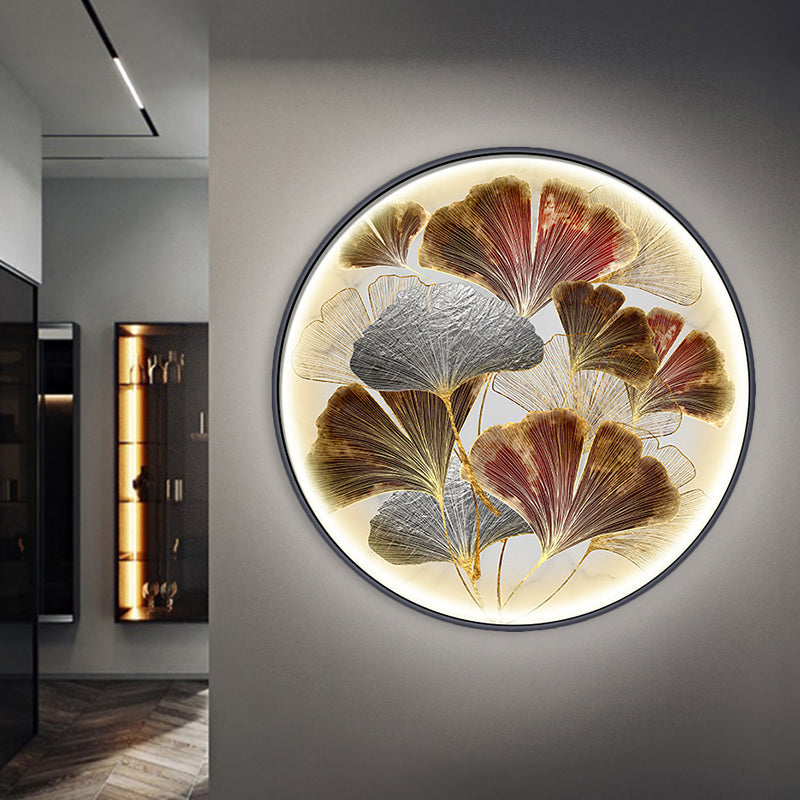 ASIA LED GINKGO FLUSH FLUSH Splusa de pared de oro Circular Lighting Mural con sombra metálica