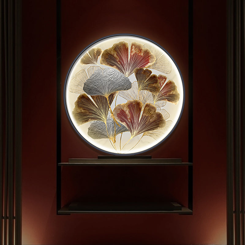 ASIA LED GINKGO FLUSH FLUSH Splusa de pared de oro Circular Lighting Mural con sombra metálica