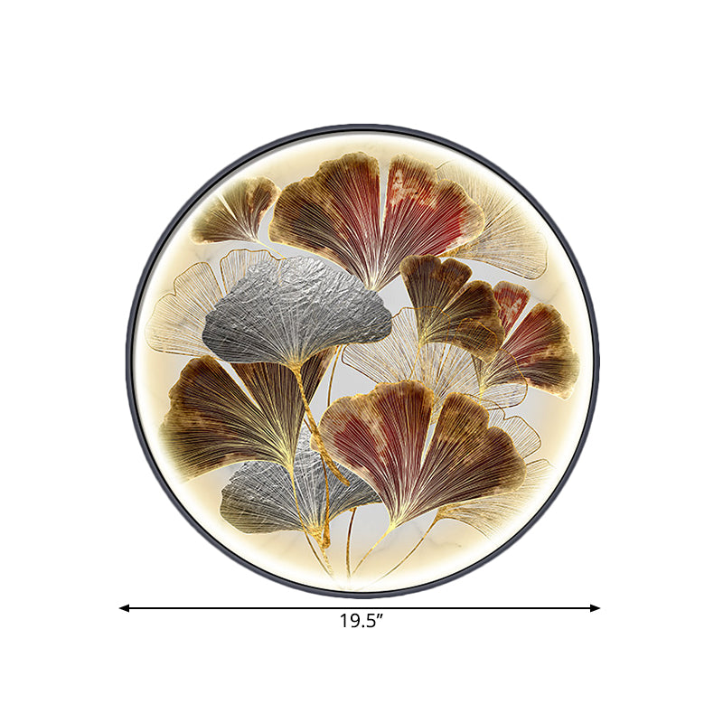 ASIA LED GINKGO FLUSH FLUSH Splusa de pared de oro Circular Lighting Mural con sombra metálica