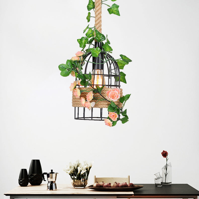 Birdcage sala da pranzo Apparecchiatura del soffitto in metallo anticato 1 illuminazione a sospensione rosa nera leggera con asta di corda