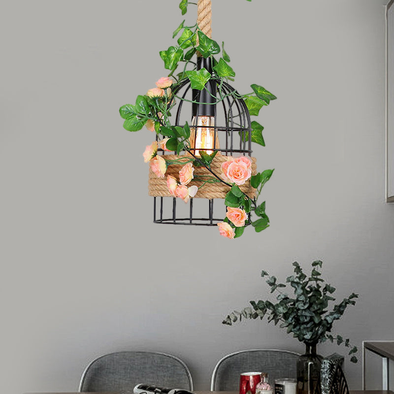 Birdcage sala da pranzo Apparecchiatura del soffitto in metallo anticato 1 illuminazione a sospensione rosa nera leggera con asta di corda
