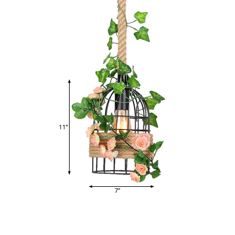 Birdcage sala da pranzo Apparecchiatura del soffitto in metallo anticato 1 illuminazione a sospensione rosa nera leggera con asta di corda