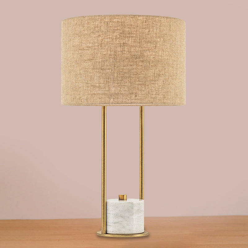 Cylinder Nightstand Lighting Modern Fabric 1 Head Bedroom Night Lamp in White/Beige with Marble Base