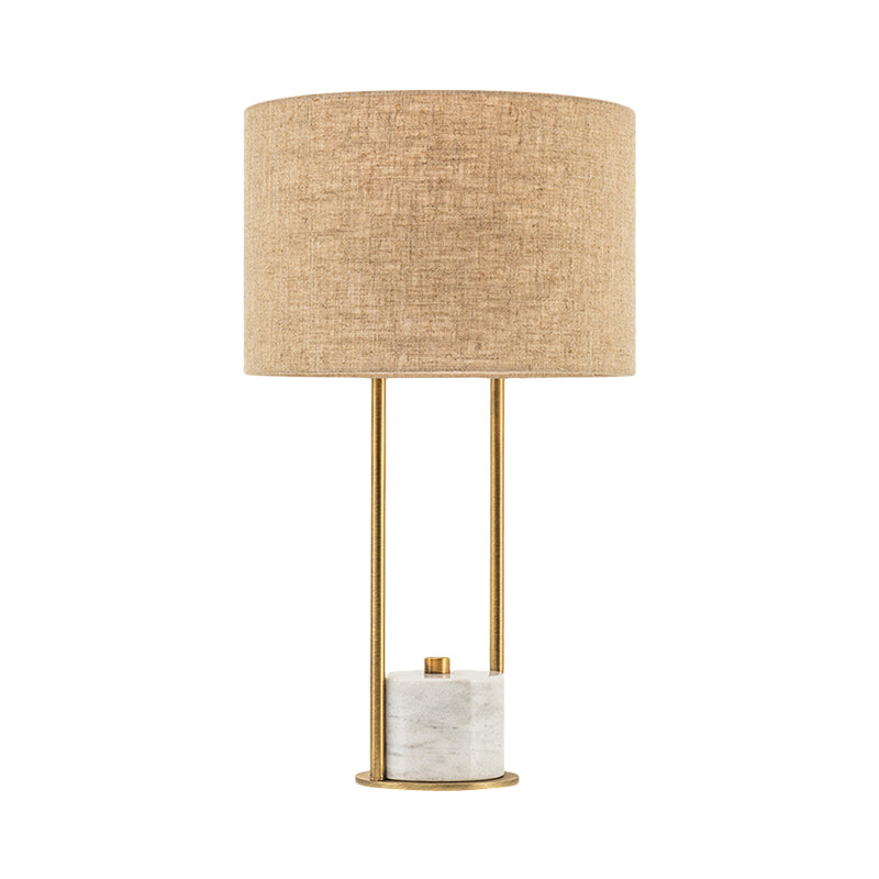 Cylinder Nightstand Lighting Modern Fabric 1 Head Bedroom Night Lamp in White/Beige with Marble Base