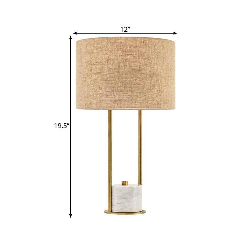 Cylinder Nightstand Lighting Modern Fabric 1 Head Bedroom Night Lamp in White/Beige with Marble Base
