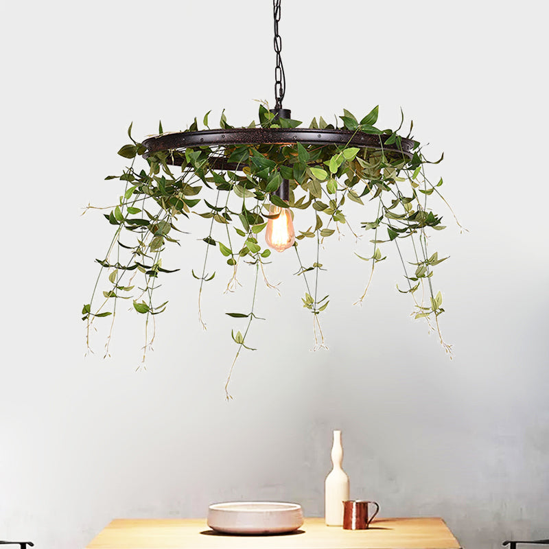 Black Wheel Hanging Lamp Kit Farmhouse Metal 12.5"/15" W 1-Head Restaurant Suspension Pendant Light with Plant Deco