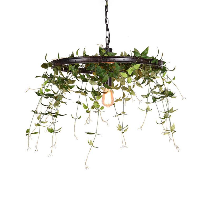 Black Wheel Hanging Lamp Kit Farmhouse Metal 12.5"/15" W 1-Head Restaurant Suspension Pendant Light with Plant Deco