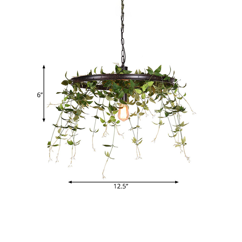 Black Wheel Hanging Lamp Kit Farmhouse Metal 12.5"/15" W 1-Head Restaurant Suspension Pendant Light with Plant Deco