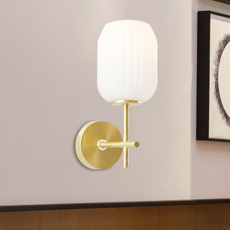 1 Light Bedside Wall Light Fixture Simple Gold Wall Sconce with Lantern Cream Glass Shade