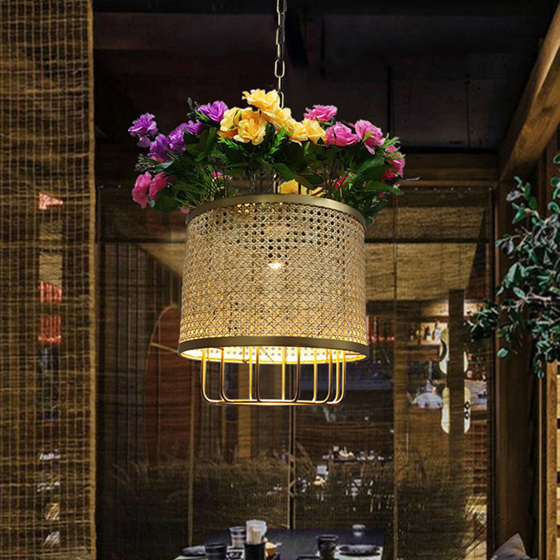 Loft Cylinder Pendant Ceiling Light 1 Light Metal Hanging Lamp Kit in Beige with Floral Deco