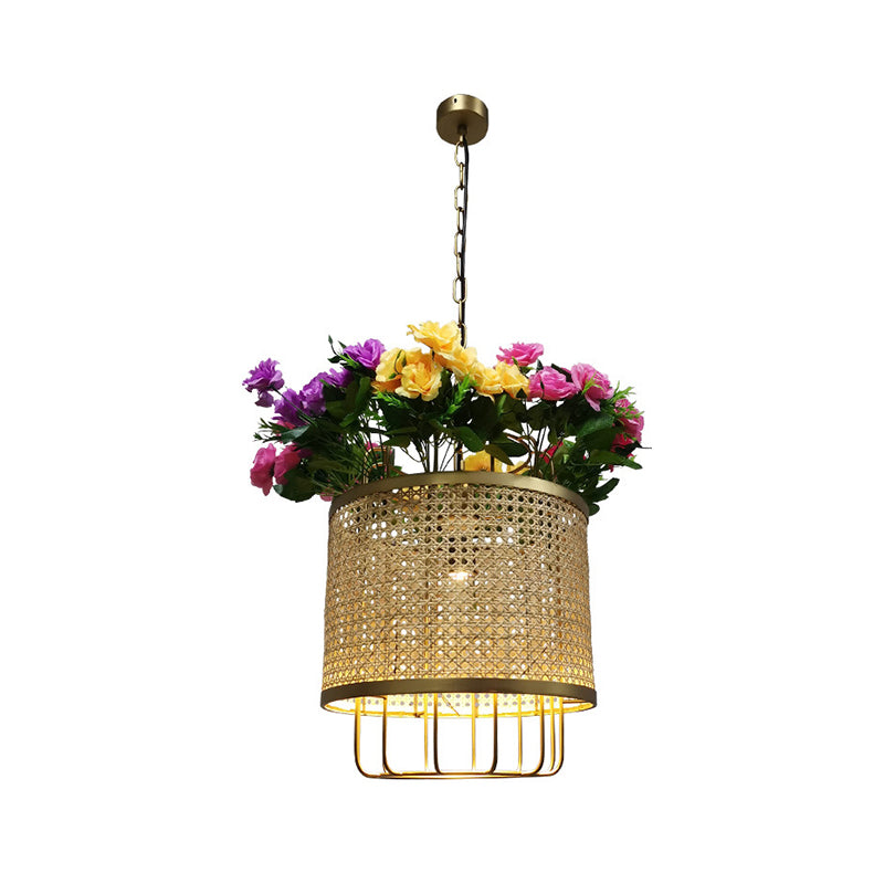 Loft Cylinder Pendant Ceiling Light 1 Light Metal Hanging Lamp Kit in Beige with Floral Deco
