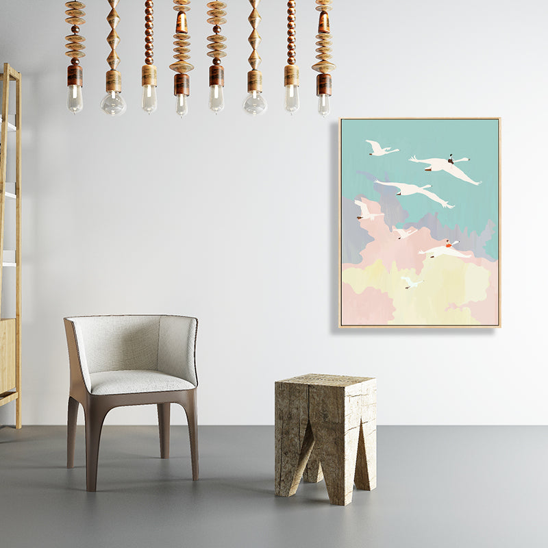 Illustration Bird Flock Wall Art Textured Asian Style Kids Bedroom Canvas in Pink