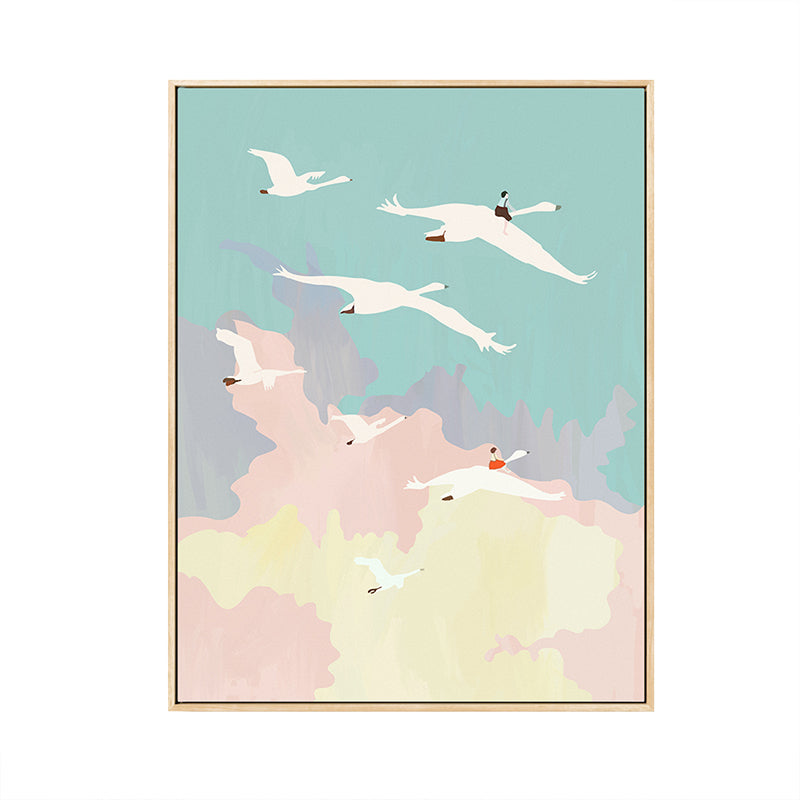 Illustration Bird Flock Wall Art Textured Asian Style Kids Bedroom Canvas in Pink