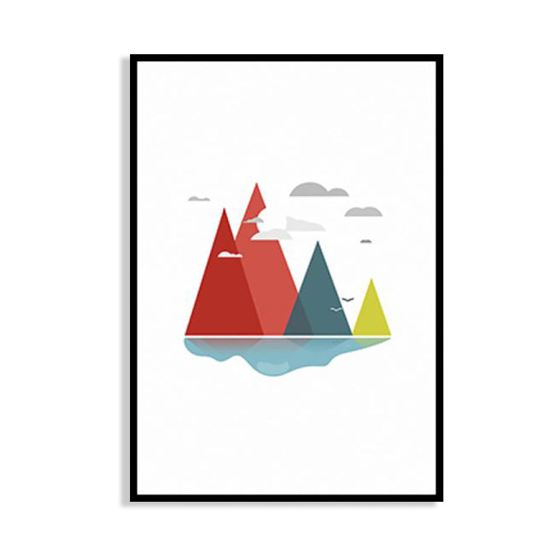 River Mountains Landscape Canvas Kids Textured Living Room Wall Art in Red and White