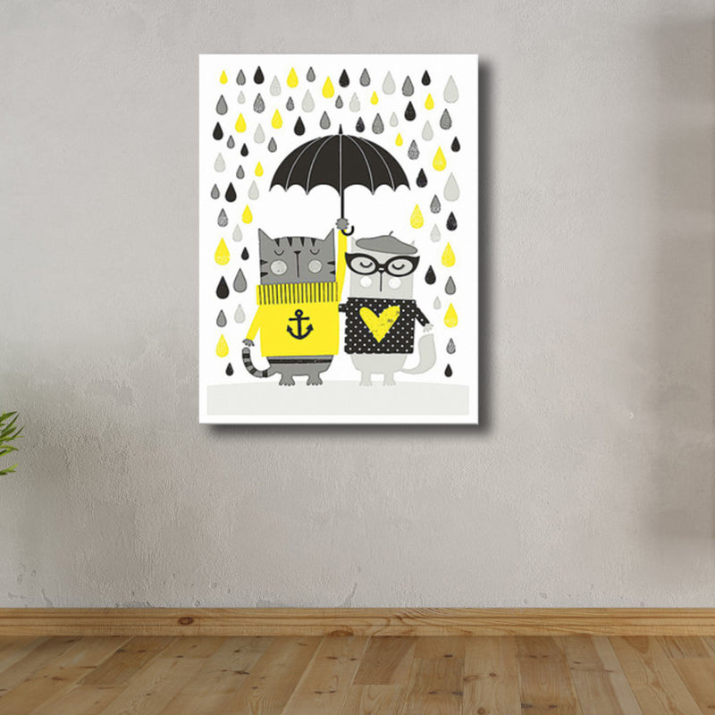 Cats with Umbrella Wall Art Print Kids Style Funny Animal Canvas in Grey for Bedroom