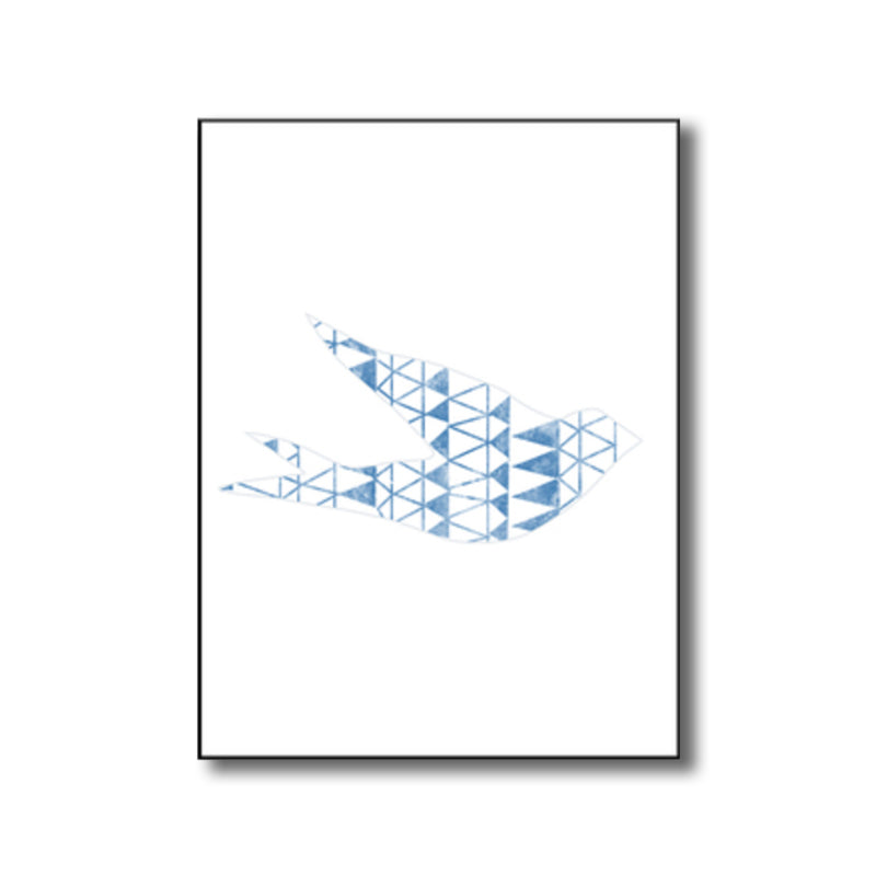 Kids Style Flying Bird Art Print Boys Bedroom Wall Decor in Blue on White, Textured