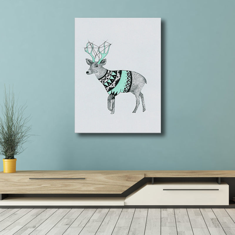 Illustrated Children's Art Canvas Print with Reindeer in Green for House Corridor