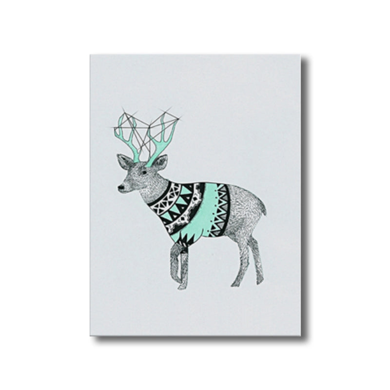 Illustrated Children's Art Canvas Print with Reindeer in Green for House Corridor