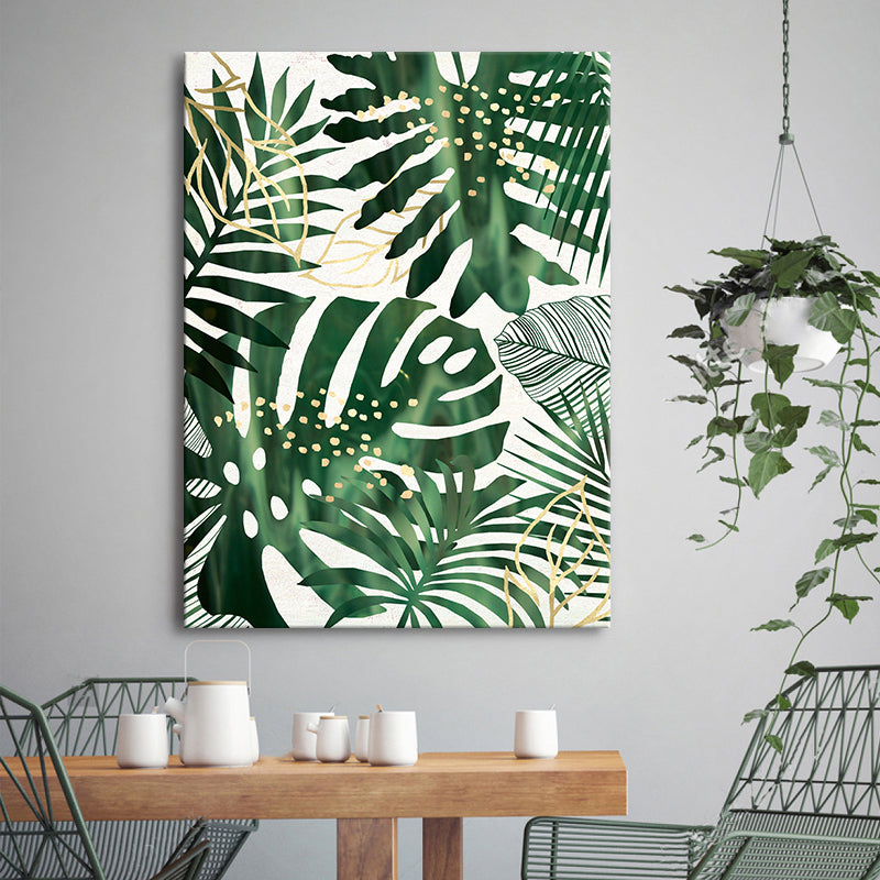 Illustrated Leaves Canvas Art Green Scandinavian Style Wall Decor for Living Room