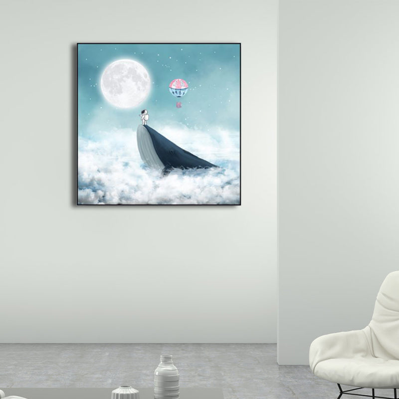 Moon Night Flying Whale Canvas Art Blue Kids Wall Decor for Sitting Room, Textured