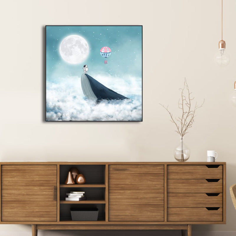Moon Night Flying Whale Canvas Art Blue Kids Wall Decor for Sitting Room, Textured