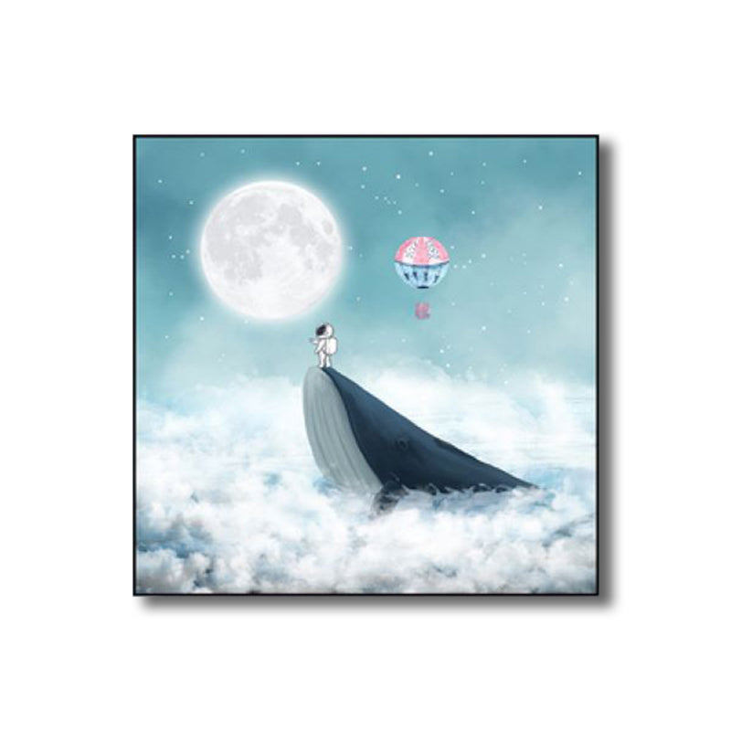 Moon Night Flying Whale Canvas Art Blue Kids Wall Decor for Sitting Room, Textured