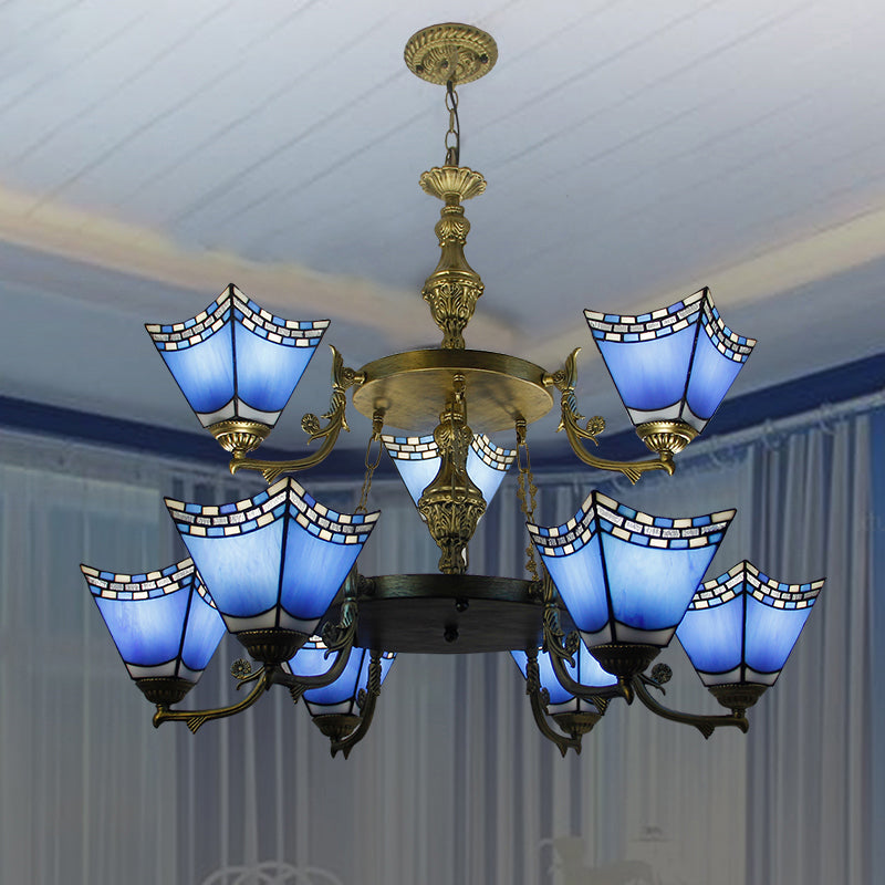 Lámpara colgante de pirámide náutica, 2 niveles, vidrio azul, 9 luces, lámpara con cadena de metal en azul