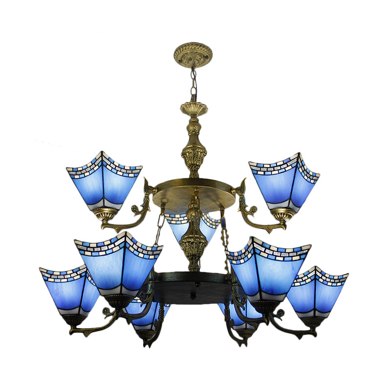 Lampada a ciondolo piramide nautica 2 livelli blu vetro 9 lampadario luci con catena di metallo in blu