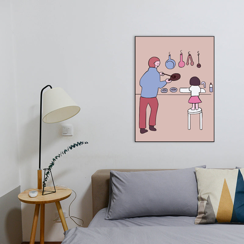 Family Daily Scene Canvas Art Scandinavian Style Textured Wall Decor in Soft Color